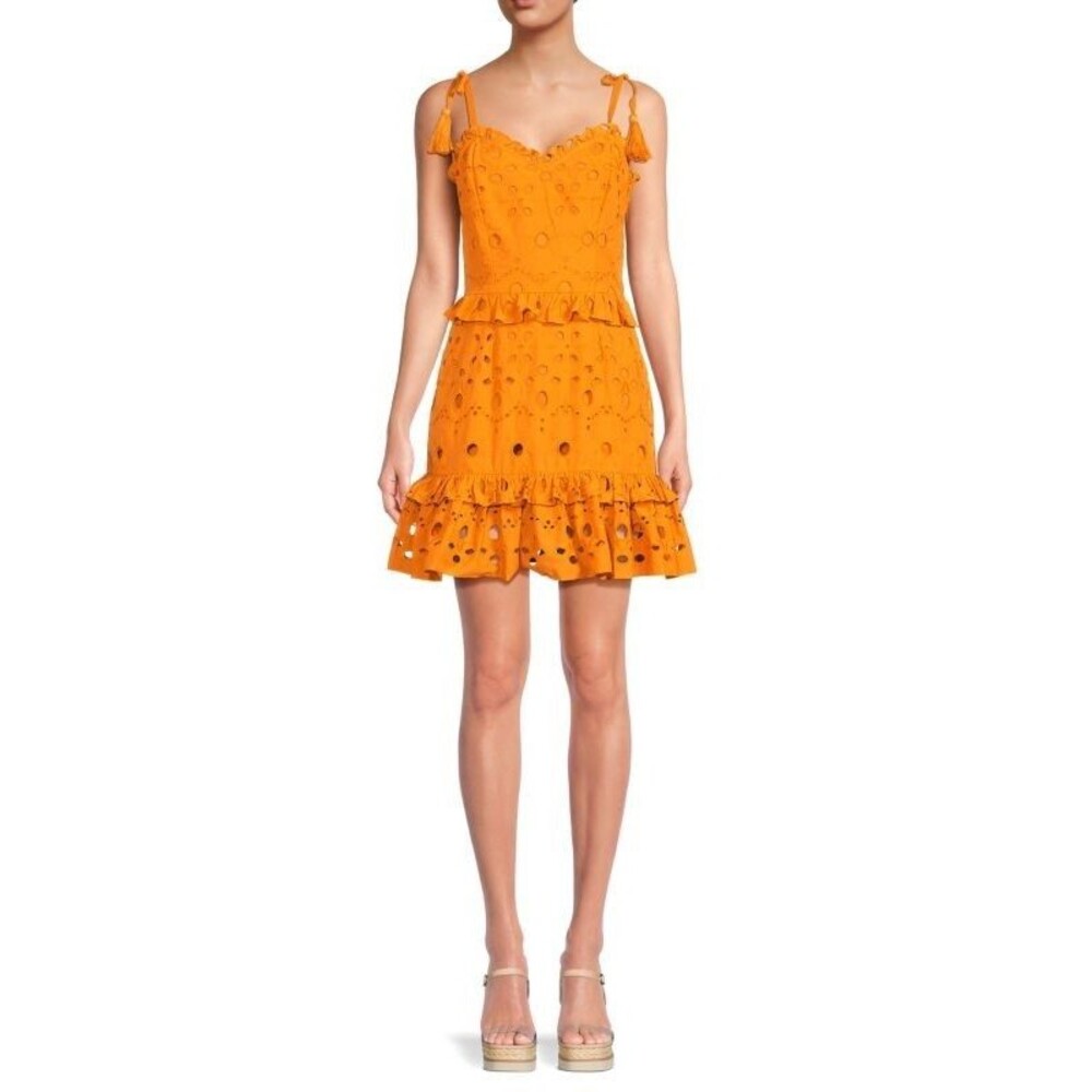 Walter Baker Eyelet Mini Dress Mustard Cotton 6 New Regencycore Cottagecore Boho